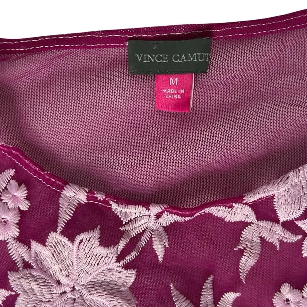 Vince Camuto Sz M Floral Embroidered Mesh Sheer Overlay Dress Pink Purple Maxi - Picture 6 of 9